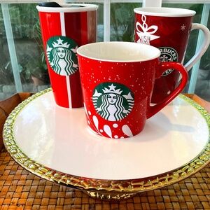 Starbucks Holiday Porcelain Coffee Mugs (2) & Porcelain Holiday Travel Mug (1)